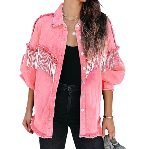 Loose Fringe Denim Jacket for Women Pink