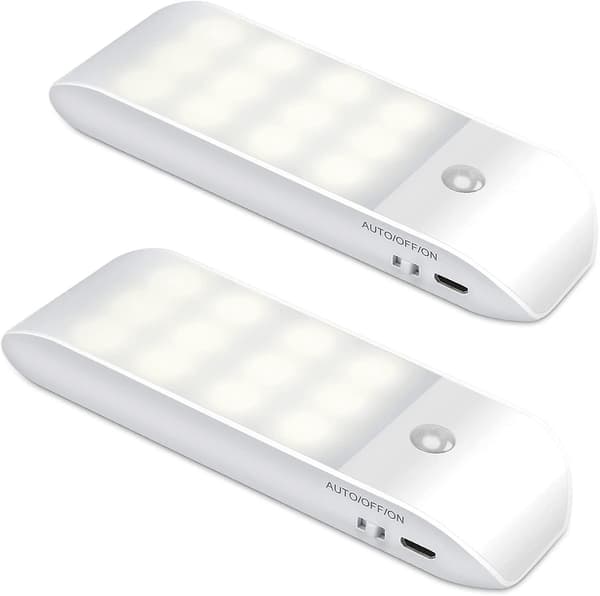 Automatic LED Night Light [2-pack], 12 LED USB Rechargeable Wardrobe Night Light with Motion Sensor Magnetic Adhesive Strip, 3 Modes (Auto/On/Off)