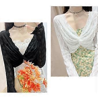 Lette gennemsigtige blondeskjorter til kvinder, langærmede åbne cardigans, tynde crop tops, bløde draperede beskårne cardigans, sort (sort)