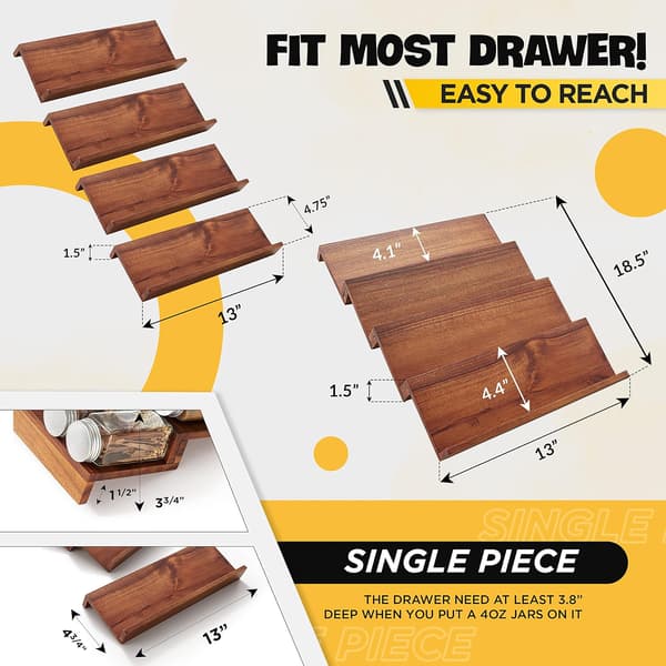 KCVV Spice Rack Drawer - 4 Tiers - Holds 30 Spice Jars - Spice Storage Drawer - Kitchen Drawer - Spice Rack - Wood