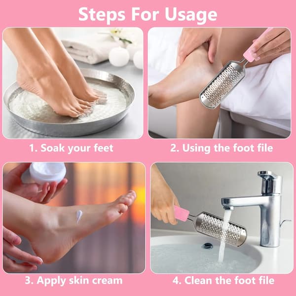 Fodfil til fjernelse af hård hud, pedicure-scrubber i rustfrit stål til hård, revnet, død hud, våd og tør fodpleje, pink