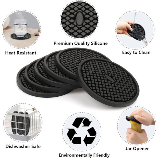 Coasters, Black Coasters for Coffee Table - Soft Coaster Set Cup Mat - Coffee Table Coasters for Drinks Absorbent (Diamond, 6-Pack-Black)