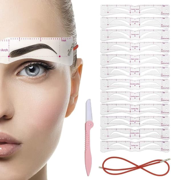 12 Pieces Reusable Eyebrow Stencils with 1 Strap and 1 Eyebrow Razor