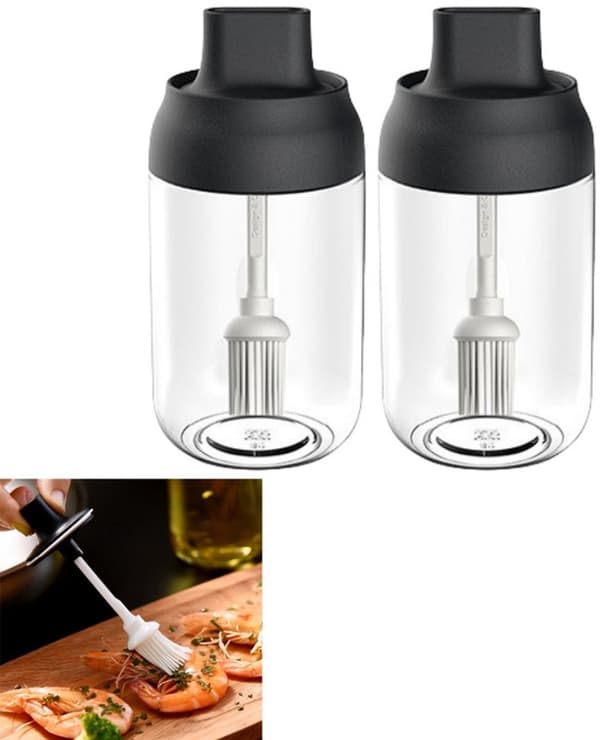 2-pack - Oljeflaskor med pensel - Oljeflaskor med bred hals - Svart - Lämpliga för matlagning, bakning, grillning och marinering
