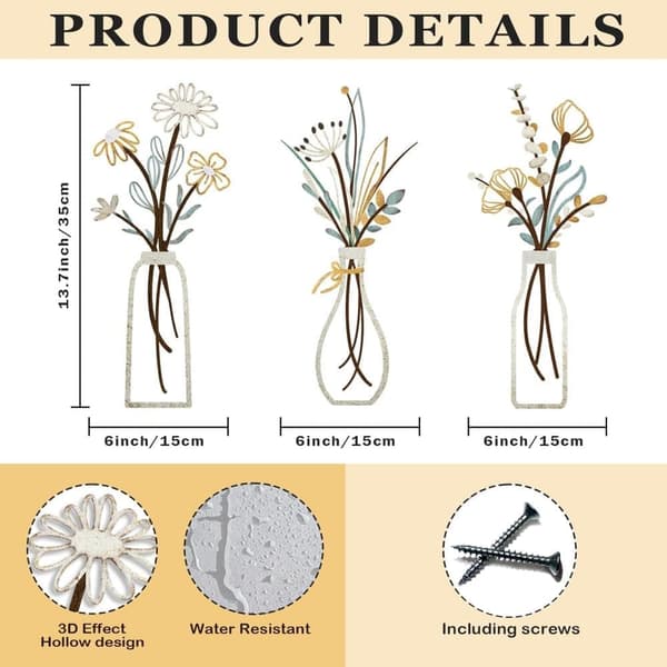 3-pack metallväggkonst – Blommor, minimalistisk väggdekoration för vardagsrum, sovrum och badrum