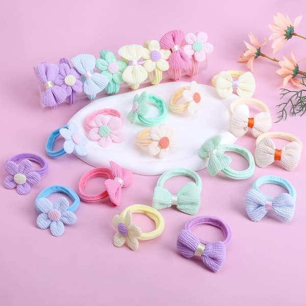 24 stk. hårbånd til små piger, søde blomsterhårbånd, elastiske scrunchies, sømløse hestehaleholdere, hårtilbehør til små piger