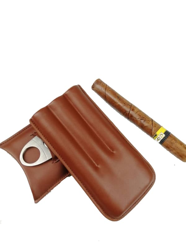 Læder cigaretetui rejsehumidor til 3 cigarer med cigarkutter