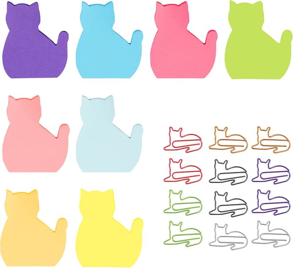 240 ark (8 blokke) katte-sticky notes, kreative katteformede papir-sticky notes med 12 tilfældige søde katte-papirclips