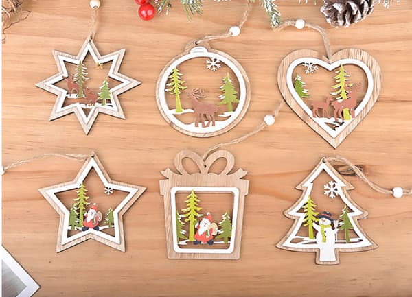 Dekorativt træjuletræ, 6 dele, julevedhæng, gaver