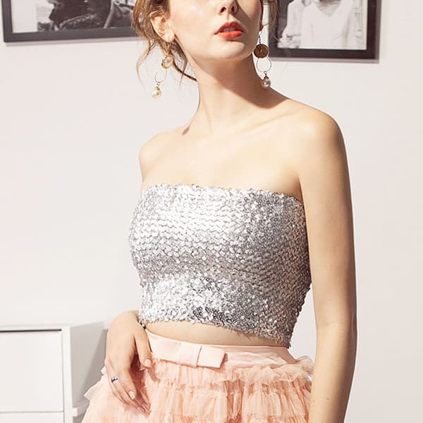 Glitrende paillet-crop tops til kvinder, metalliske tube tops, stropløse, sølv