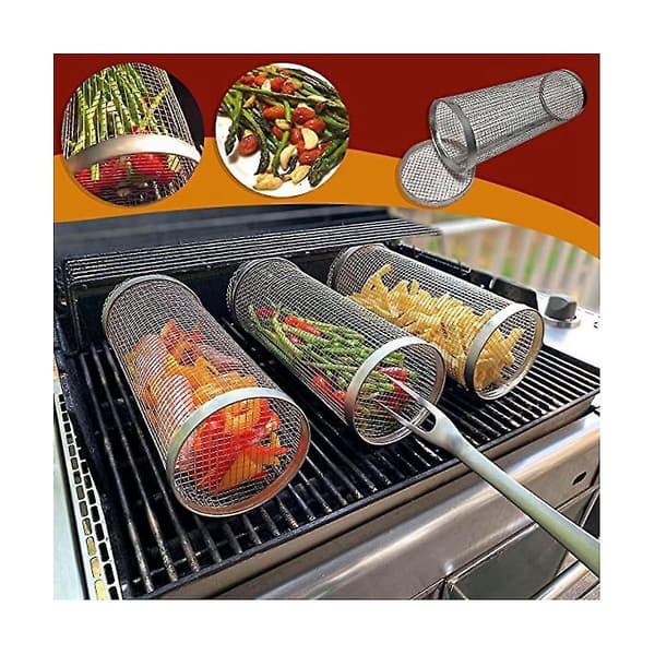2-pack Stainless Steel Rolling Grilling Baskets, Mesh BBQ Basket for Meat, Fish, Vegetables, Camping, Picnic, Silver, 12.2 inches