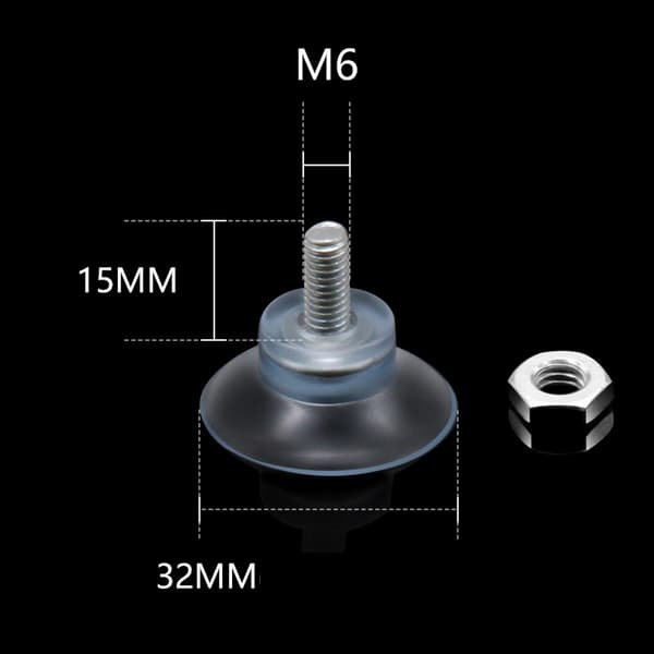 20 x sugproppar ? 32 mm med M6-gänga och räfflade muttrar, transparenta