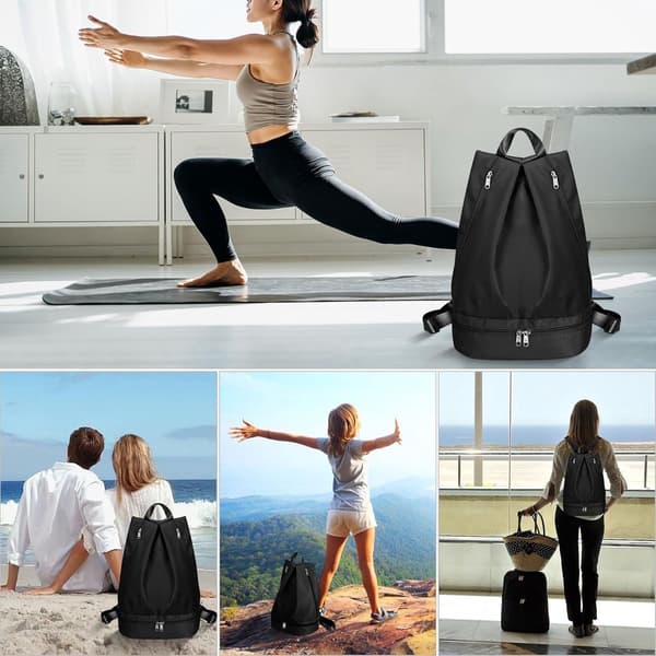 Women's Swim Gym Backpack with Wet Dry Separation Shoe Compartment Foldable Nylon Sports Bag with Adjustable Straps, Black