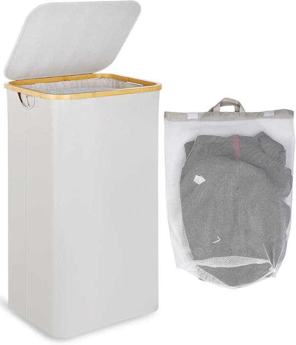 110 liter Laundry Hamper with Mesh Pocket and Lid (Beige), Bamboo Handles, XXL Foldable Laundry Basket