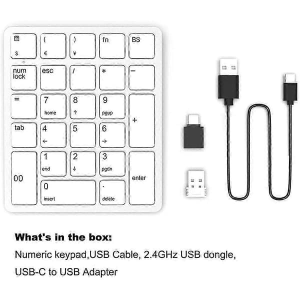 Wireless Numeric Keypad 2.4GHz Wireless Rechargeable Numeric Keypad for Laptops, White