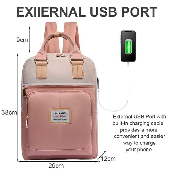 Bærbar rygsæk - forretningsrejsetaske til computer - med USB-port, pink