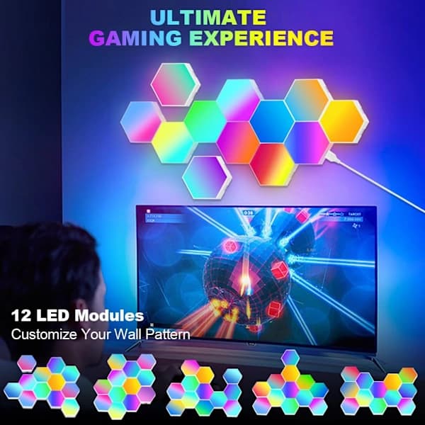 12 Pieces Smart Hexagon LED Wall Panels, RGB App/Music Sync for Game Room Decoration