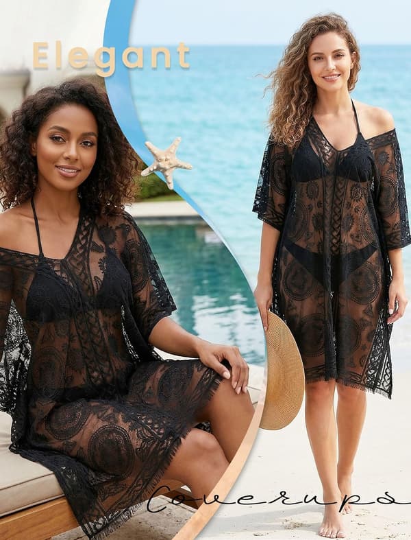 Kvinders blondeovertræk passer S-2XL løs badebikini-kjoleovertræk til strandpool sommer svømme plus size sort - Black