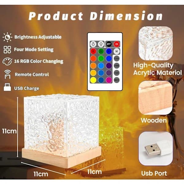 Aurora Star Projector Night Light, Water Ripple Crystal Cube Lamp with 16 Colors, Bedroom Lighting