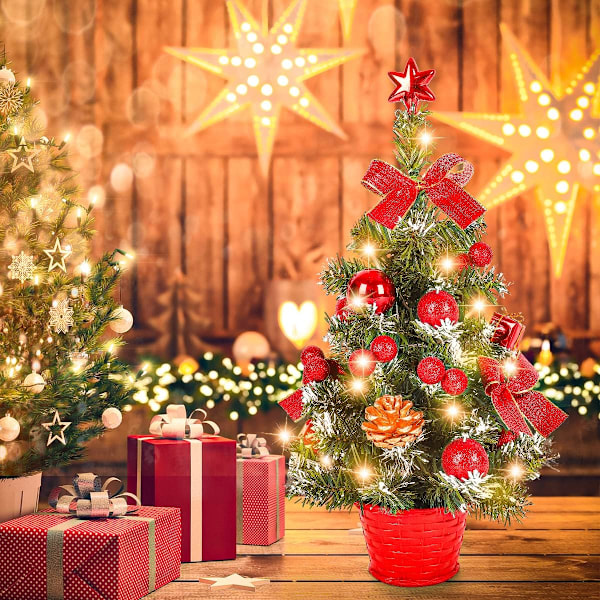 Mini Konstgjort Julgran, Liten Julgran med LED-lampor, Mini Bordsgran Dekoration för Kontor, Bar, 40cm (Röd)