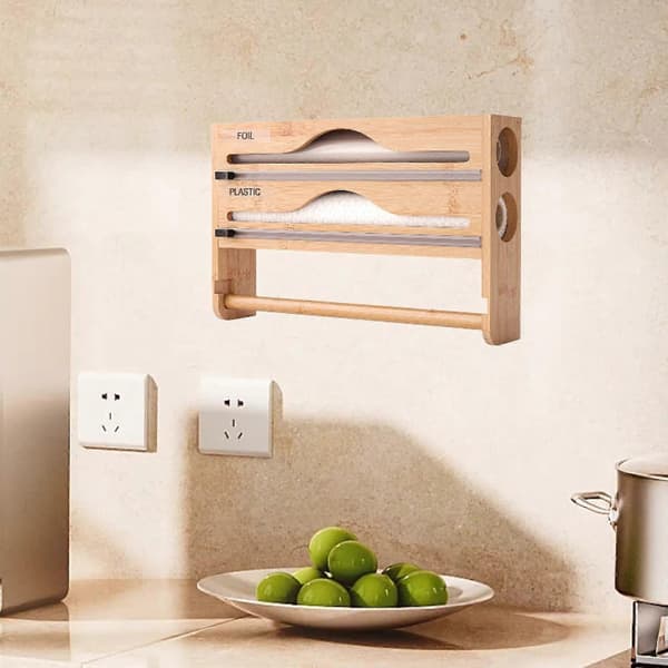 Wrap Dispenser Bambus Aluminiumfolie og Bakepapir Oppbevaring