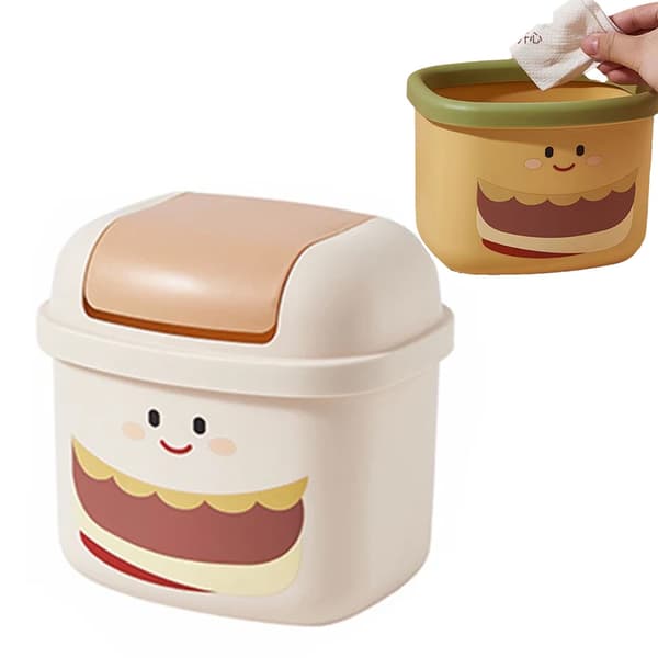 Søt skrivebords søppelbøtte med lokk (Beige) (1 stk)