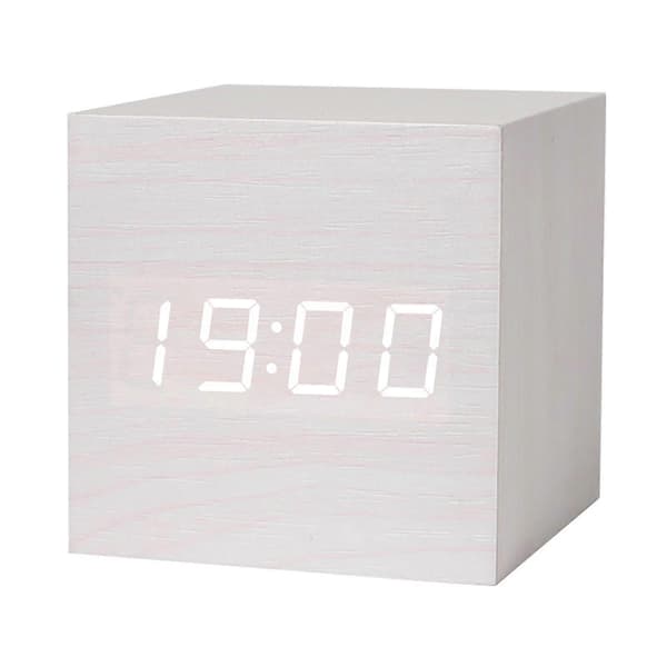 LED Digital Väckarklocka Träimitation Bordsklocka Nattlampa Termometer Snooze Alarmklocka DE FP Vit White
