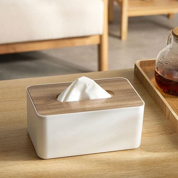 Tissue Box with Wooden Lid, Durable PP Non-Slip Rectangular Storage for Home, Office, Car, White 21x13cm