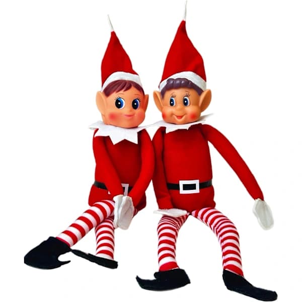 2 naughty Christmas elf figures with hanging hook and vinyl face