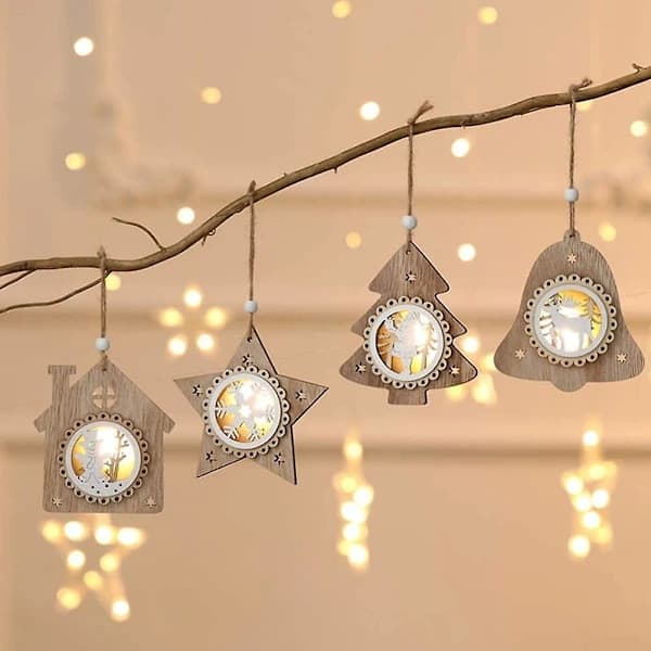 [EN] Christmas Tree Decorations Luminous Small Hanging Scene Layout Santa Claus Snowman Reindeer Christmas Tree Ornament Snowflake Section 4 pcs