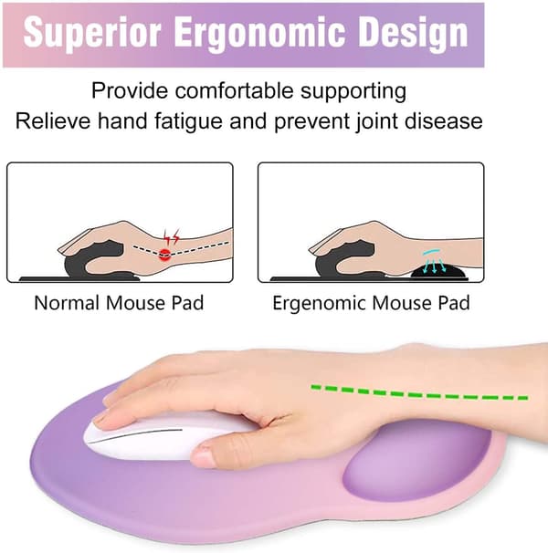 Ergonomisk musemåtte med håndledsstøtte, gelmusemåtte med skridsikker gummibase, musemåtte til bærbar computer, hjemmekontor, smertelindring (pink og lilla)