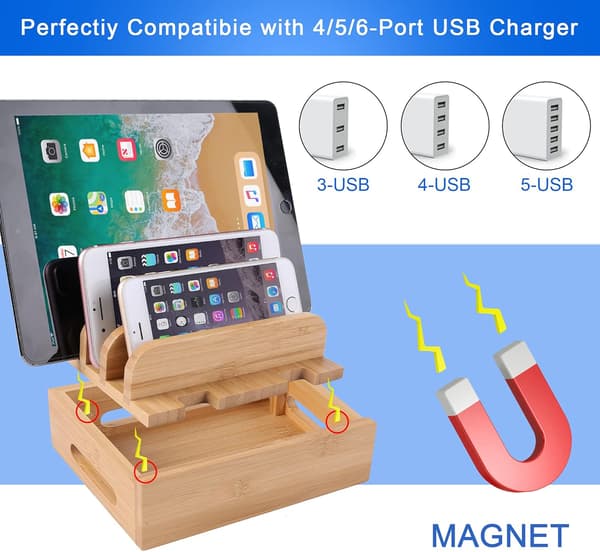 Multienhedsstativ i bambustræ til skrivebord, ladestation, ladedock, holder til iPhone 14 13 12 11 Pro Max XS iPad Mini 4