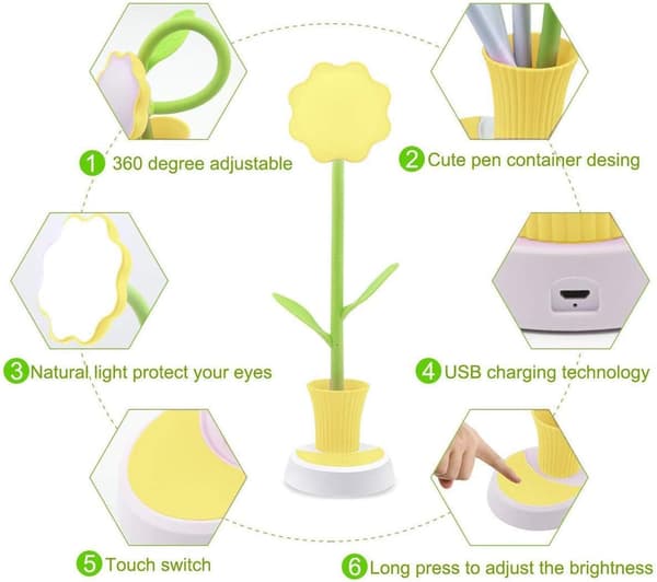 Children's Desk Lamp (Yellow), Creative Rechargeable LED Desk Lamp Eye Protection Touch Sensor Table Lamp Dimmable Bedside Lamp with Pen Holder