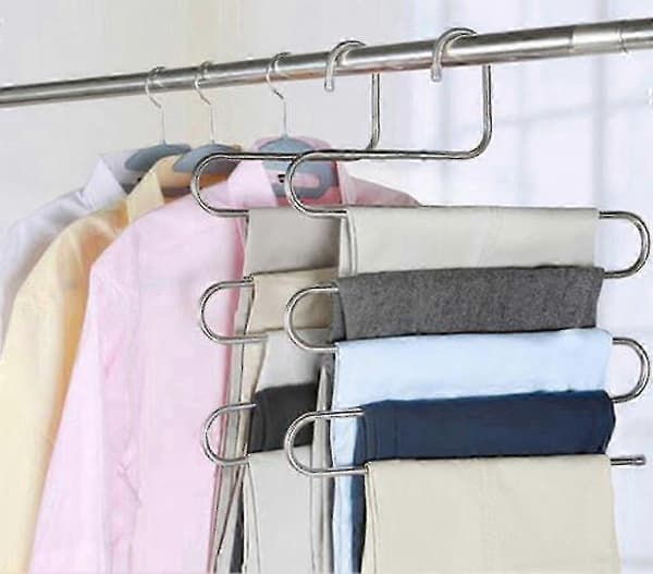 4x Space-Saving Hangers, Multiple Hangers, Trouser Hanger for 5 Trousers, Clothes Hanger, Skirts