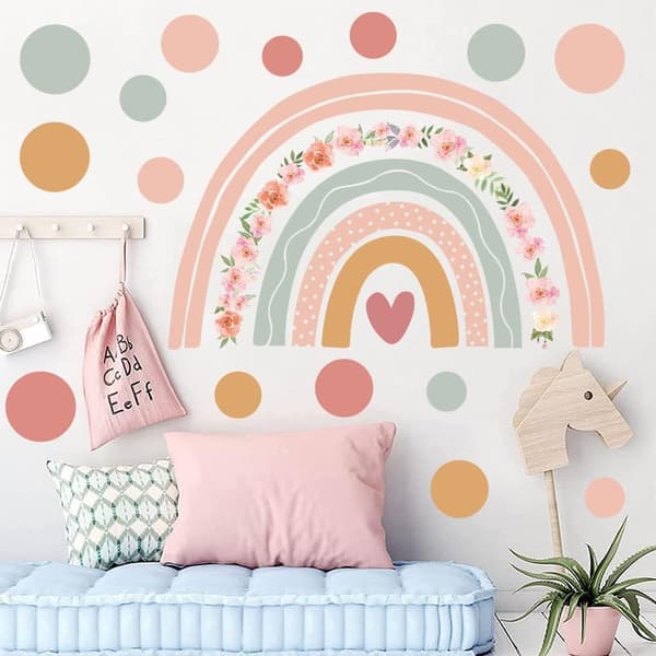 Sateenkaari seinätarra Boho pilkullinen seinätarra vaaleanpunaiset kukat seinätarra