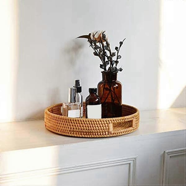 Round Rattan Serving Tray Decorative Woven Ottoman Tray With Handles For Coffee Table Natural