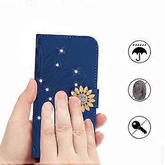 Compatible with Realme 11 Pro Embossed Sunflower with Diamonds Magnetic Card Holder Wallet Case with Wrist Strap - Blue Blue Blue