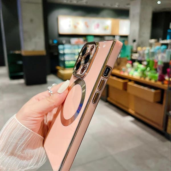 iPhone 15 Pro [MagSafe Compatible] Full Camera Protection & Electroplated Reinforced Corner Protection Shockproof Soft TPU Edge Bumper Case (Pink)