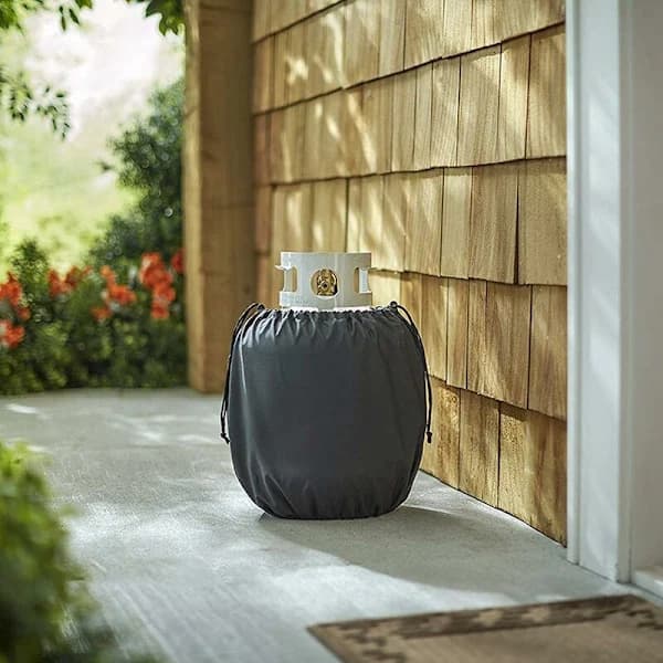 Propane Tank Cover 410D Weatherproof Water-Resistant UV-Resistant With Adjustable Drawstring for Grill Tank Black 35 x 42 cm