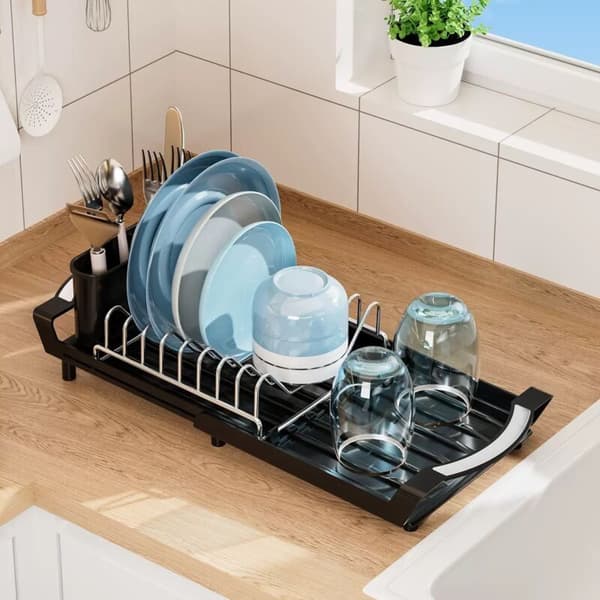 Compact Extendable Dish Rack with Cutlery Holder and Drip Tray in Stainless Steel / 28-47cm (Black)