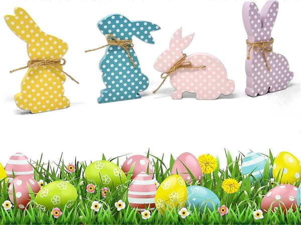 Easter Bunny Table Decoration Centerpiece Set, 4 Pastel Rabbit Designs for Spring Holiday Home Decor (FMY)