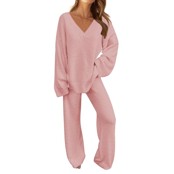 Dame 2-delt sæt, Fluffy uld pyjamas sæt langærmet, Rosa L