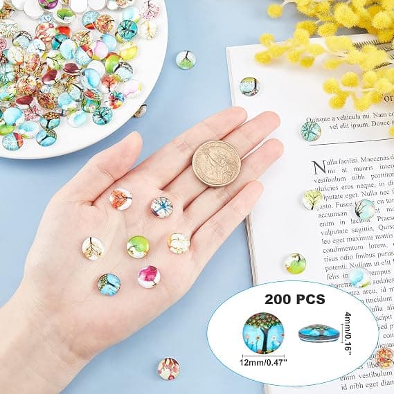 100 Pcs Glass Cabochons with Floral Pattern, Half Round