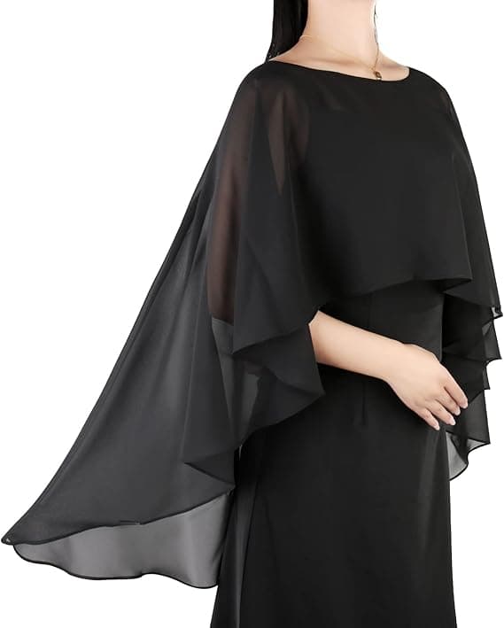 Gennemsigtige chiffon-capes, bløde capelets til kvinder, lette sjaler og omslag til aftenkjoler, sort