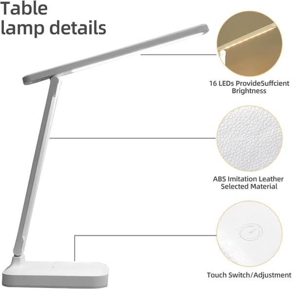 Skrivebordslampe, LED-bordlampe, sammenklappelig 3-farvet belysningsniveauer, USB
