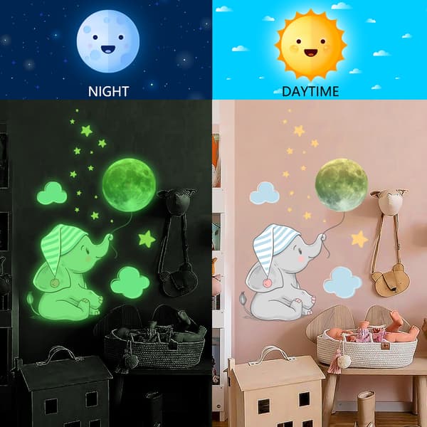 Baby Elephant Moon Luminous Wall Sticker til Baby Børneværelse Soveværelse