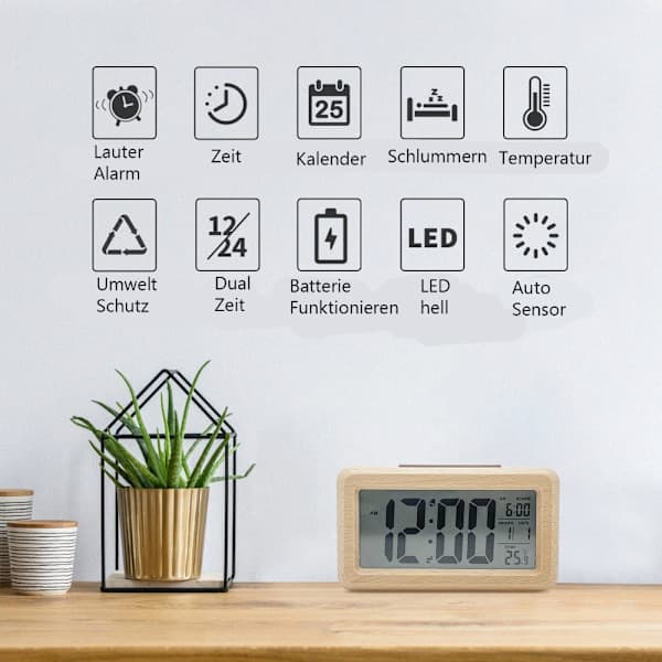 Digital Alarm Clock, Wooden Digital Alarm Clock with Large Temperature Display, Desk Clock with Snooze Function, Date