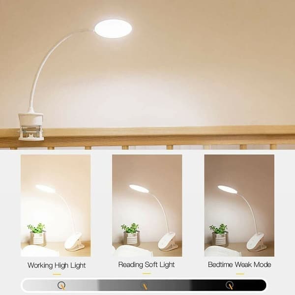 Battery-Powered Clip-on Reading Light for Bed with 3 Brightness Levels, USB Rechargeable
