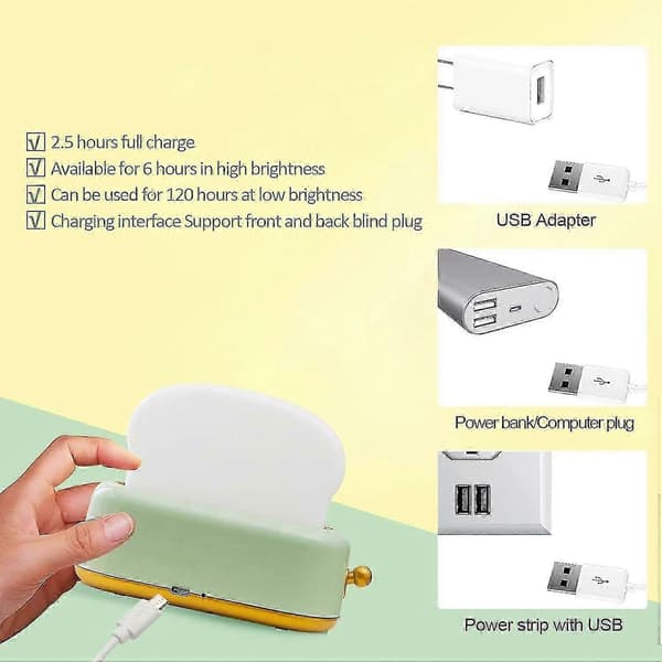 Toasted Bread LED Night Light, Cute Desk Decor Toaster Lamp Rechargeable With Timer, Creative Design Portable Bedroom Bedside Lamp, Green