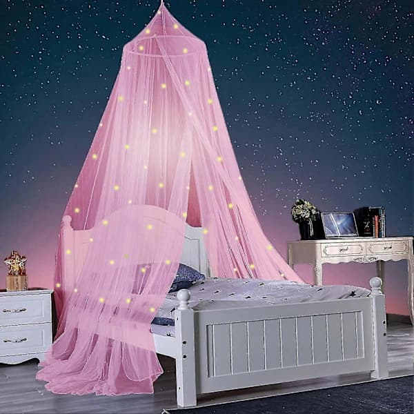 Prinsessesenghimmel med selvlysende stjerner, pustende sammenleggbar polyester for hjem og studenthybel, rosa M Pink M